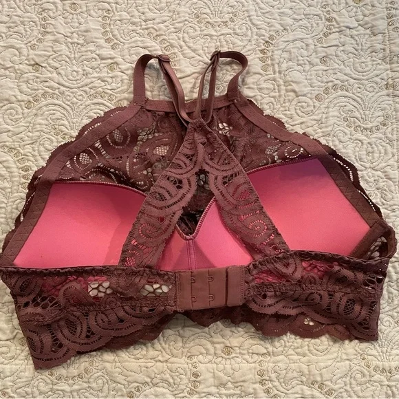 Pink by Victoria Secret Mauve Lace Size M Racerback Push Up Lace High Neck Bra - Picture 5 of 9
